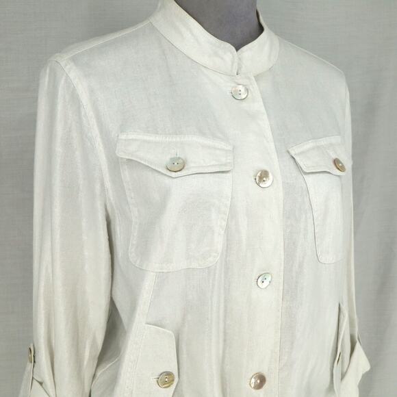 Linear Jacket Womens Medium Ivory Metallic Linen Safari Cargo Drawstring Career - Picture 8 of 16